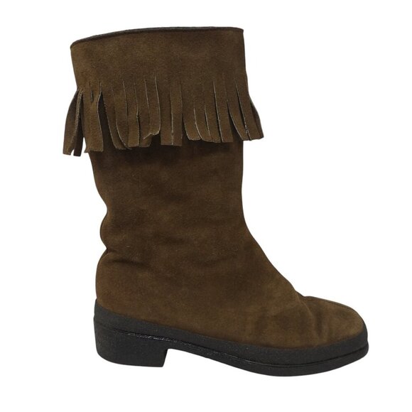 Vintage Val Brown Suede Fringe Sherpa Lined Boho Mid Calf Boots Womens 40 US 9 - Picture 2 of 13